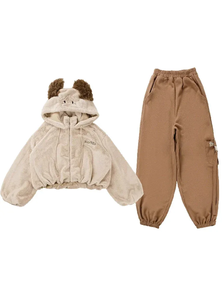 Hoody Fake Far Court   Velvet Casual Pants