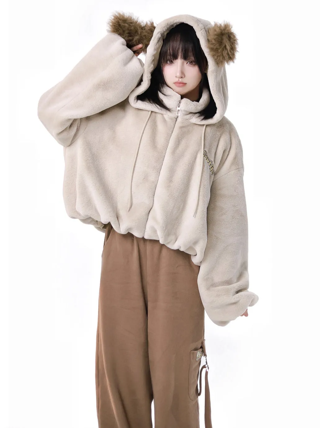 Hoody Fake Far Court   Velvet Casual Pants