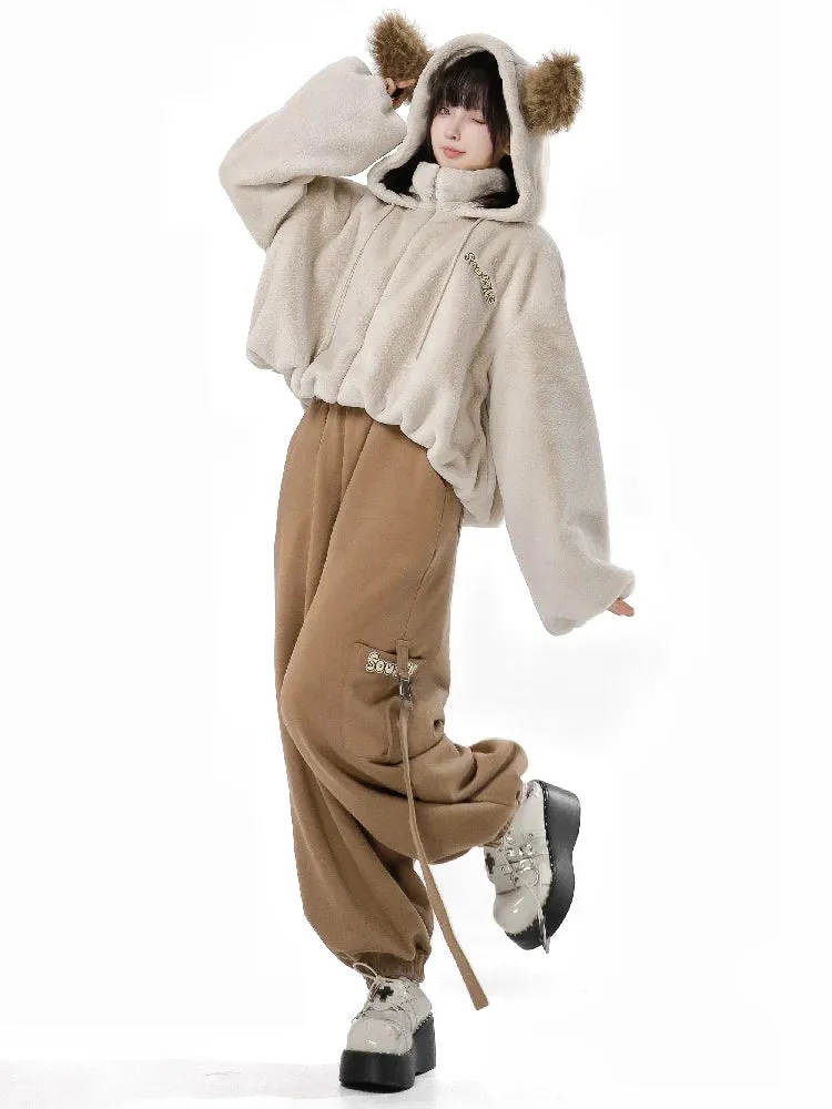 Hoody Fake Far Court   Velvet Casual Pants