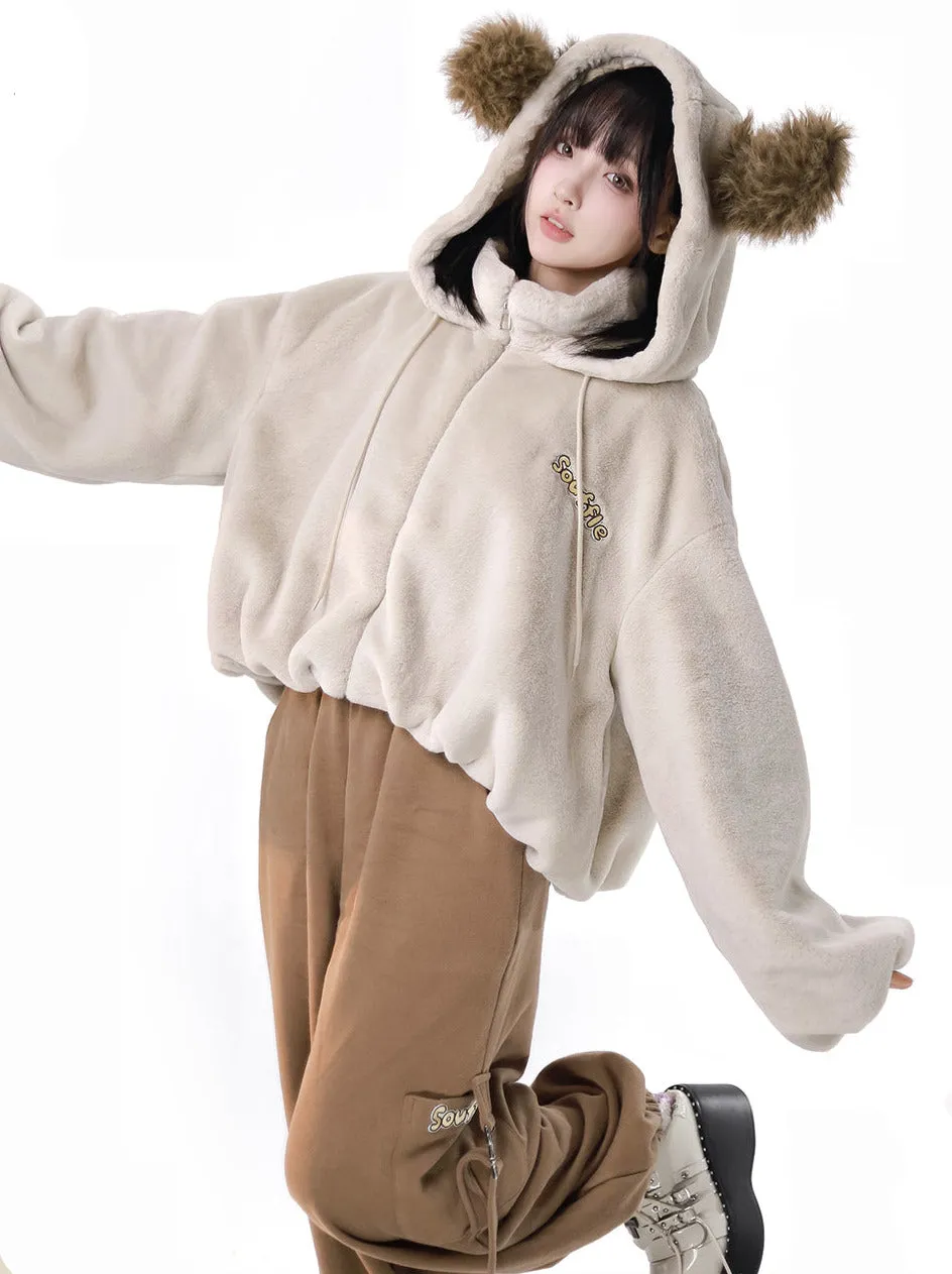 Hoody Fake Far Court   Velvet Casual Pants