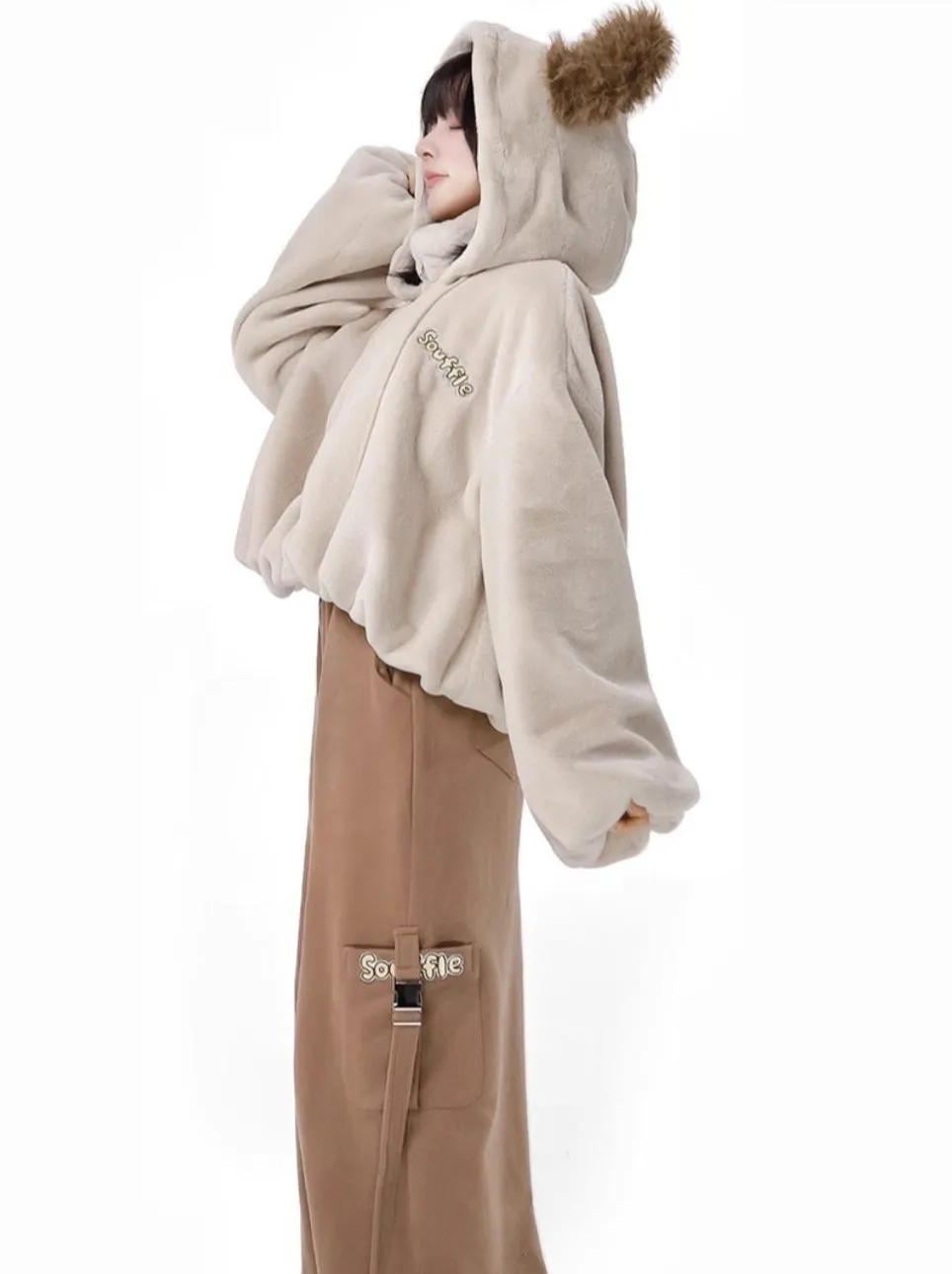 Hoody Fake Far Court   Velvet Casual Pants