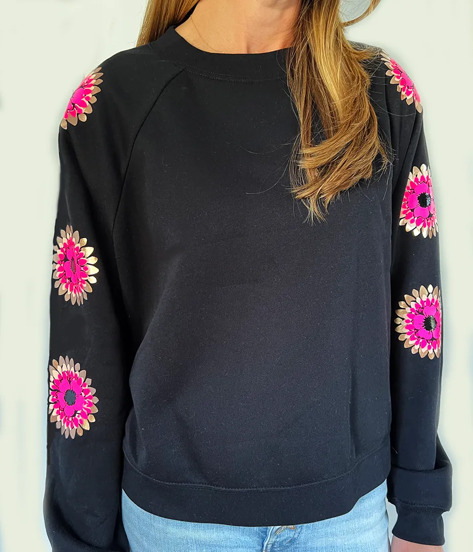 Jack Chic Black Sweatshirt - Neon Pink and Blush Daisies