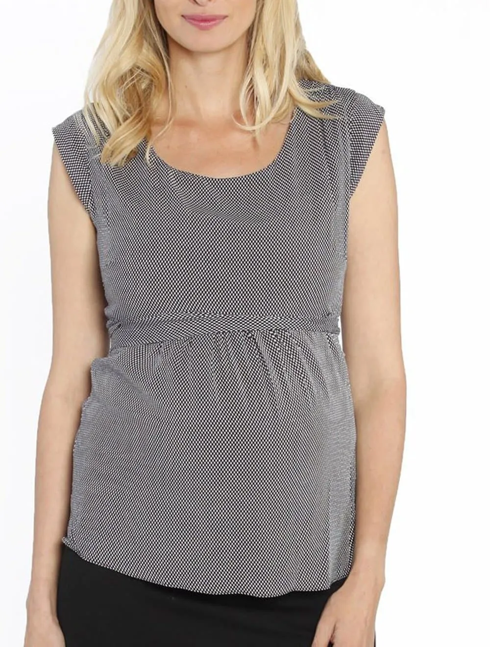 Maternity Tie Back Dressy Top with Back Zipper - Checker Print