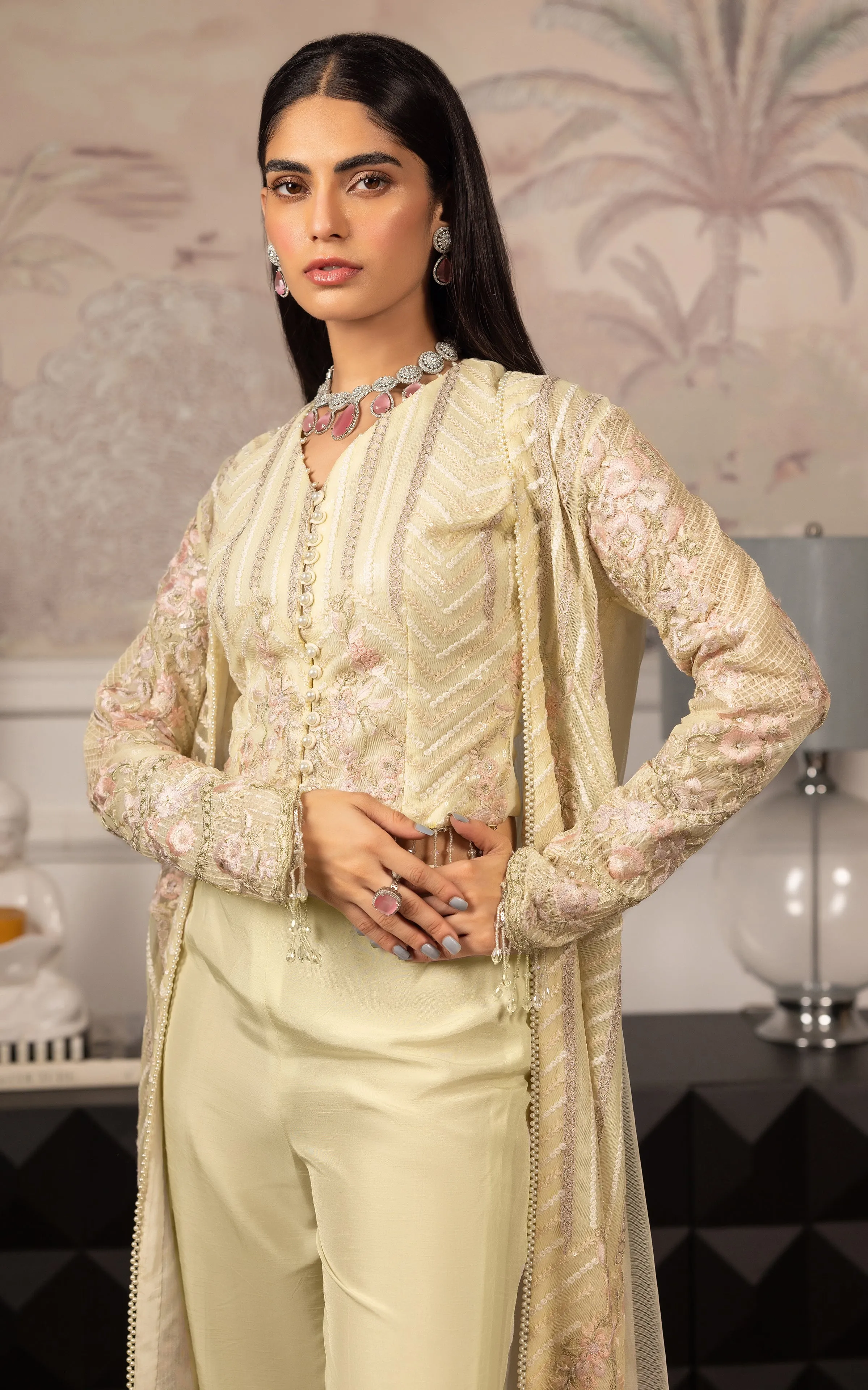 Net Embroidered Jacket With Embroidered Blouse