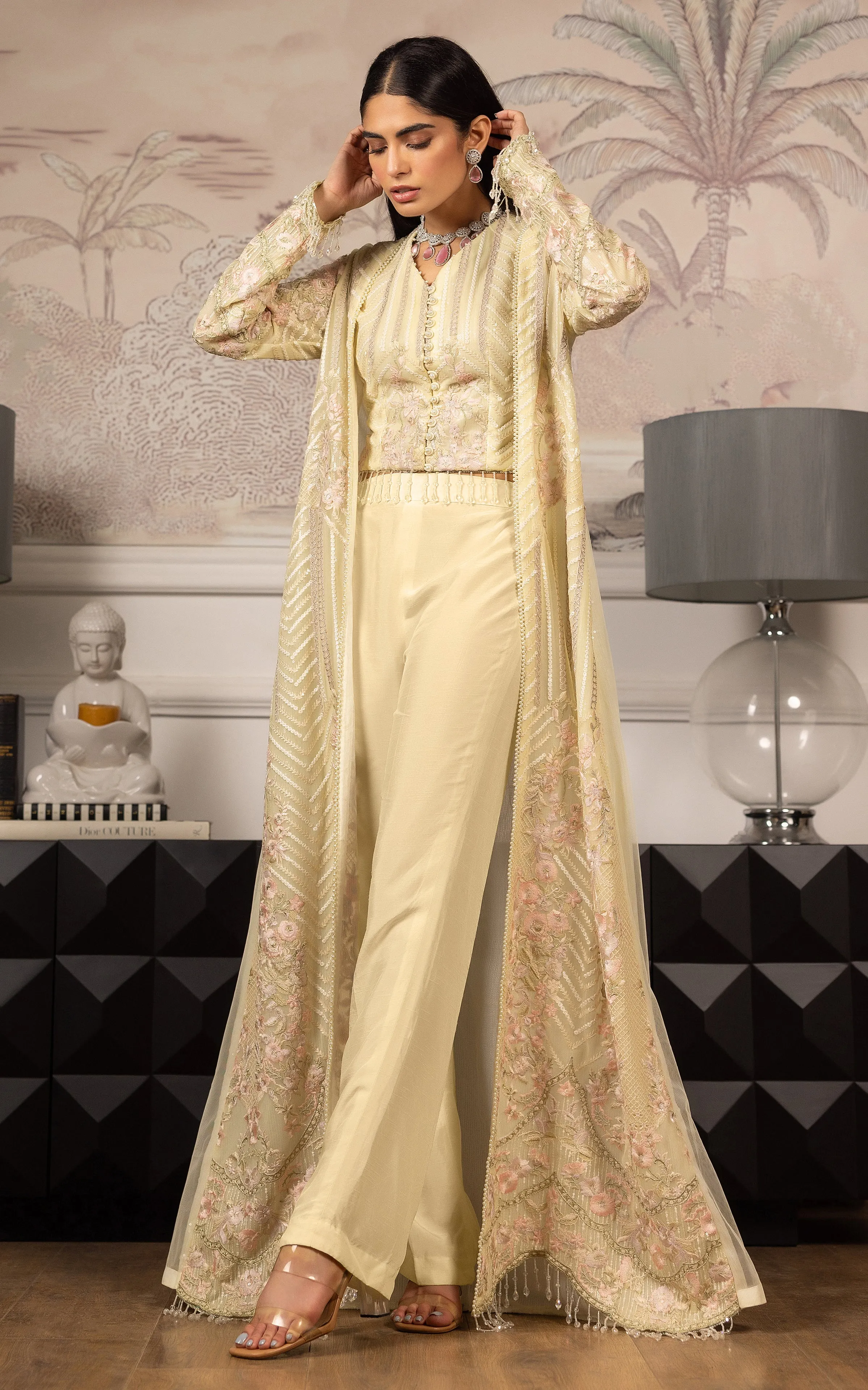 Net Embroidered Jacket With Embroidered Blouse