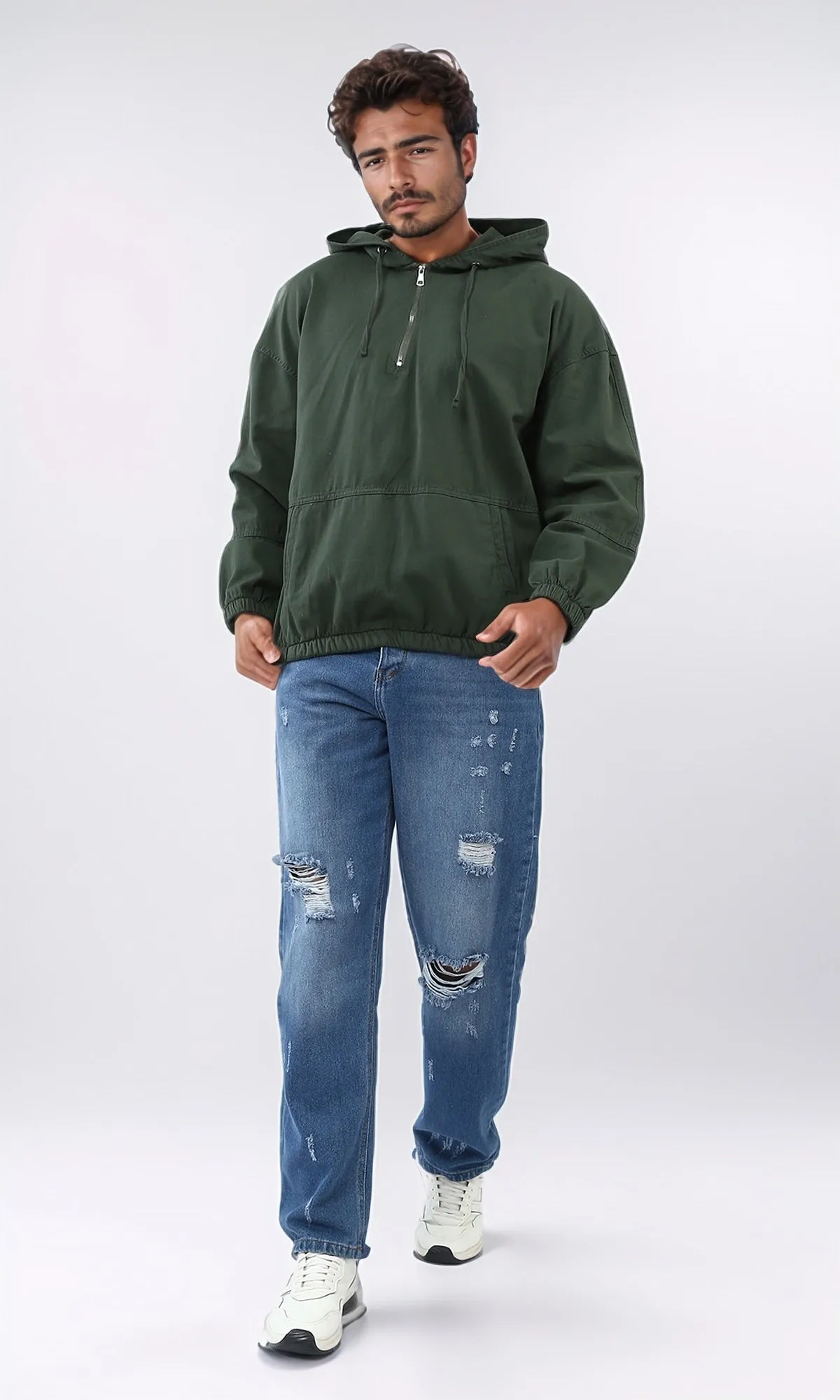 o199923 - Kangaroo Pocket Casual Hoodie With Zipped Neck - Dark Green