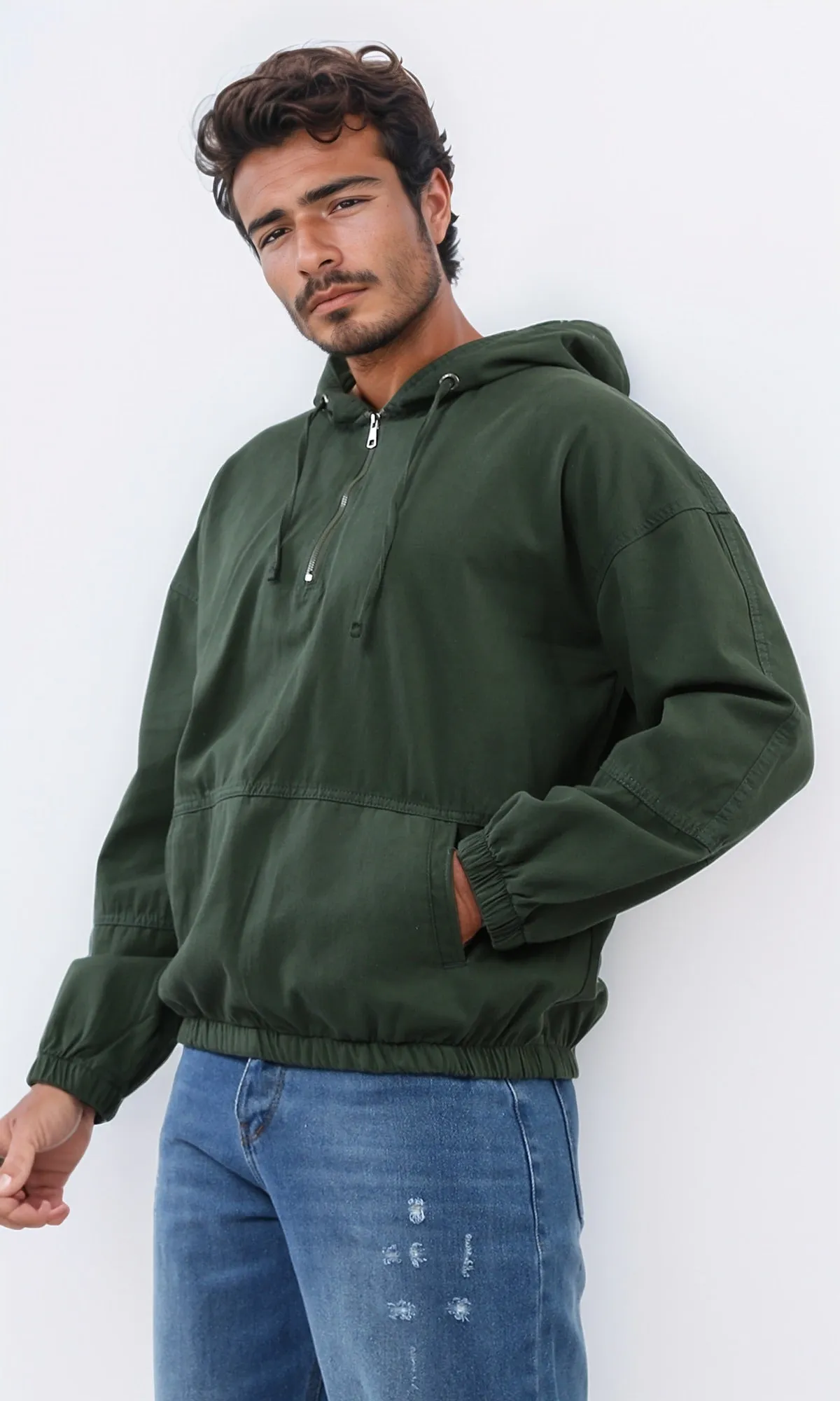 o199923 - Kangaroo Pocket Casual Hoodie With Zipped Neck - Dark Green
