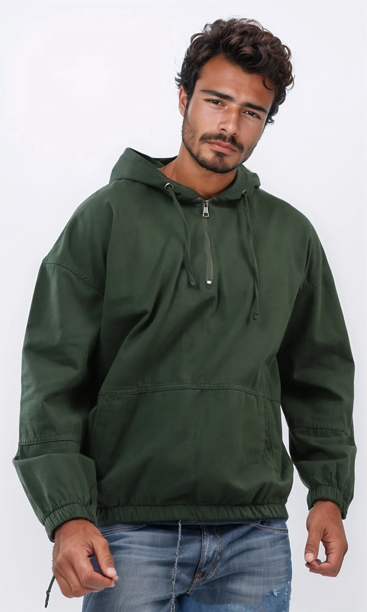 o199923 - Kangaroo Pocket Casual Hoodie With Zipped Neck - Dark Green