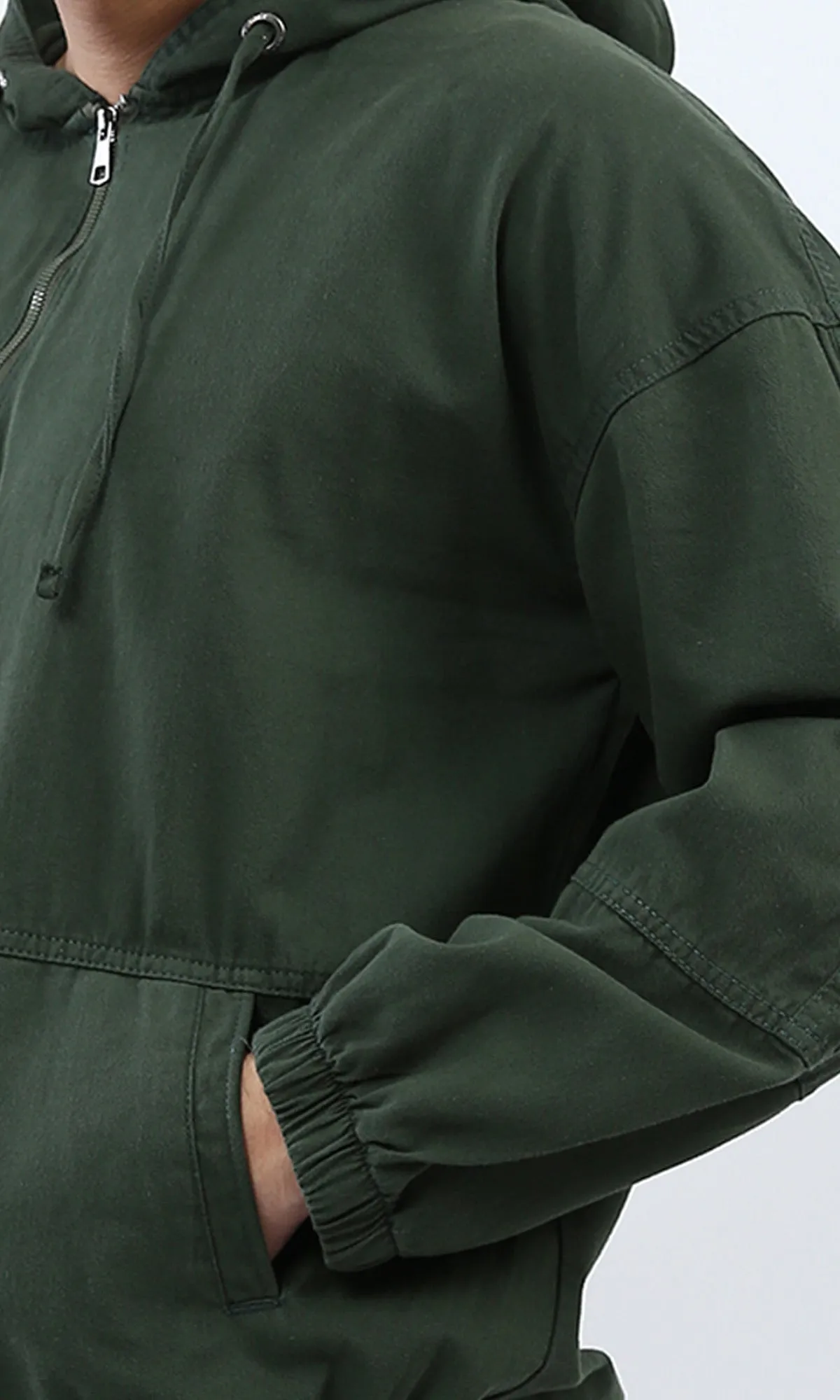 o199923 - Kangaroo Pocket Casual Hoodie With Zipped Neck - Dark Green