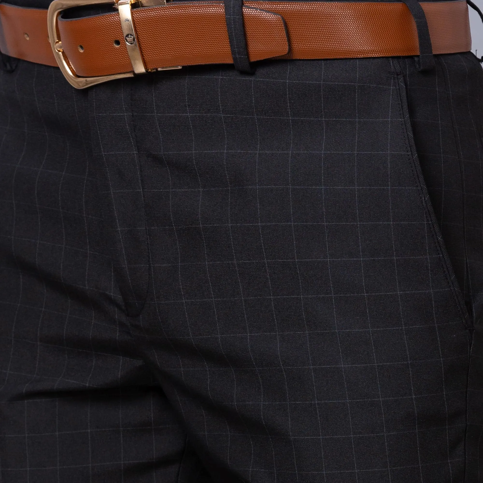 Park Avenue Men's Smart Fit Polyviscose Blend Flat Front Checks Pattern Black Formal Trouser (Size: 36)-PMTX07548-K8