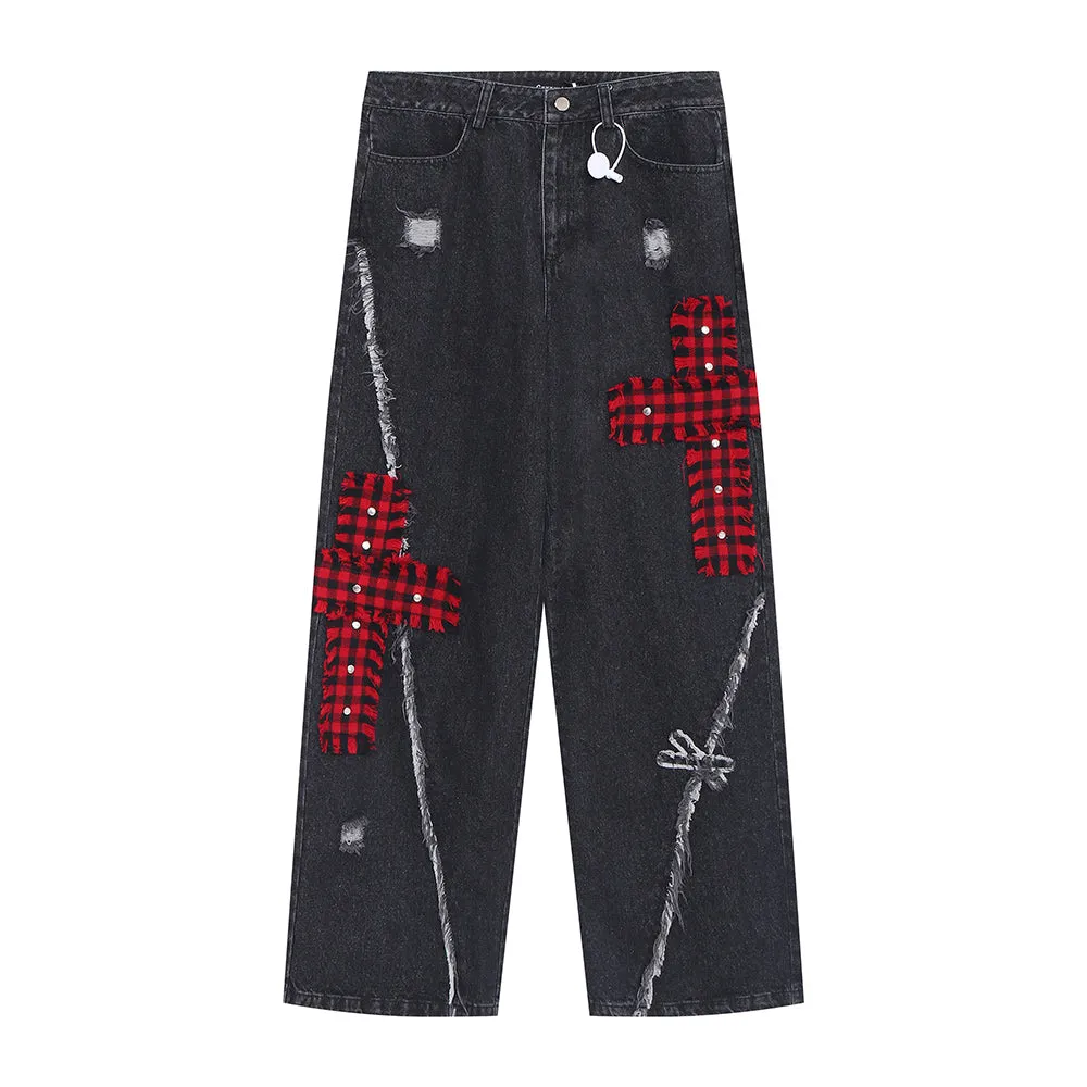 Punk Cross Embroidery Ripped Straight Wide-leg Jeans