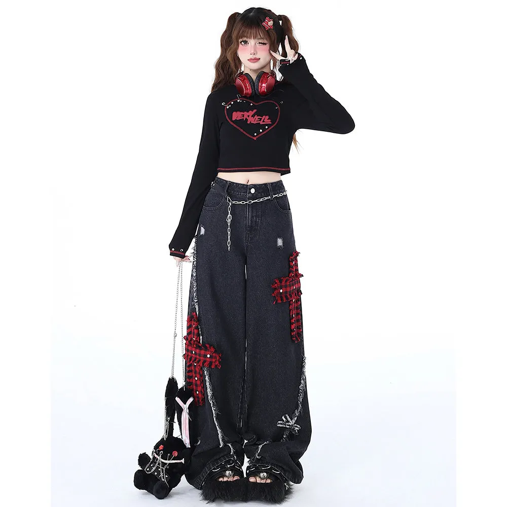 Punk Cross Embroidery Ripped Straight Wide-leg Jeans