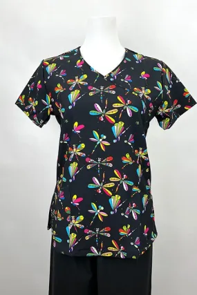 Revel Women's Mock Wrap Print Scrub Top | Jeweled Dragonflies