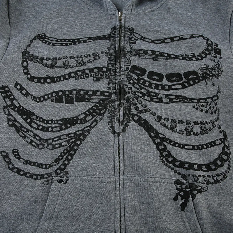 Skeleton Chain Graphic Zip-Up Hoodie