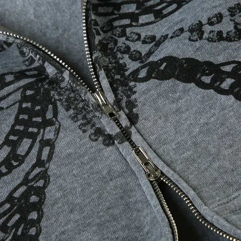 Skeleton Chain Graphic Zip-Up Hoodie