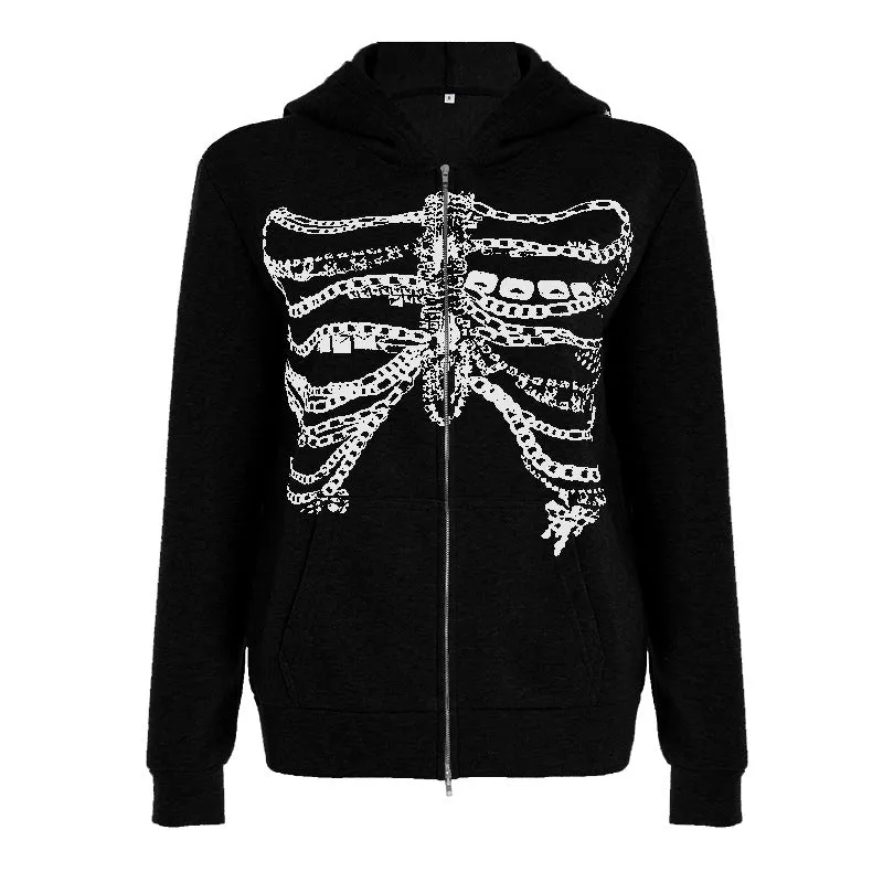 Skeleton Chain Graphic Zip-Up Hoodie