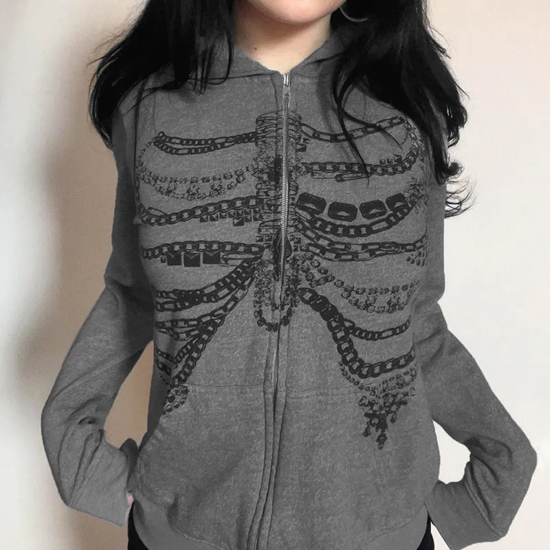 Skeleton Chain Graphic Zip-Up Hoodie