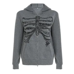 Skeleton Chain Graphic Zip-Up Hoodie