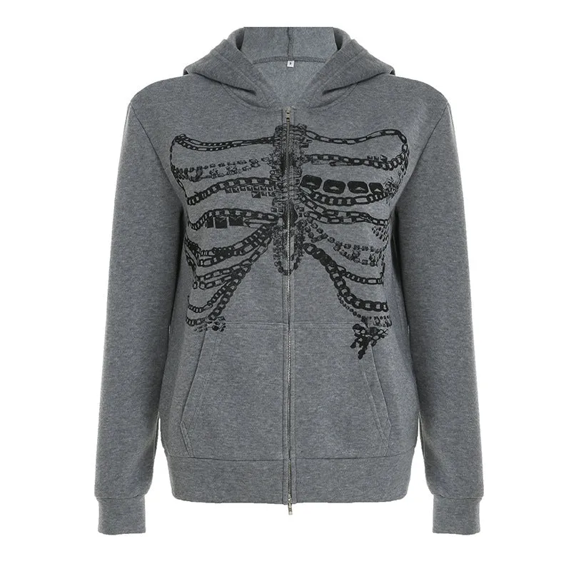 Skeleton Chain Graphic Zip-Up Hoodie
