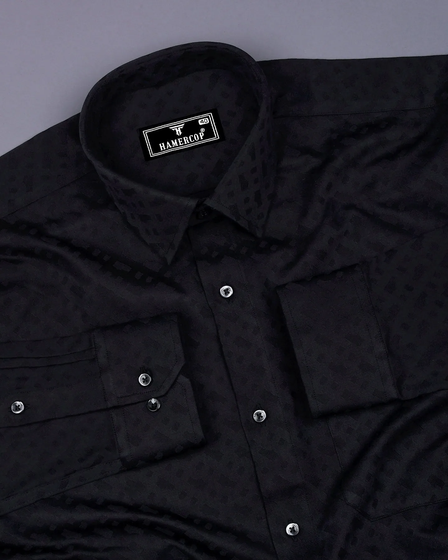 Starry Black Jacquard Texture Solid Cotton Shirt