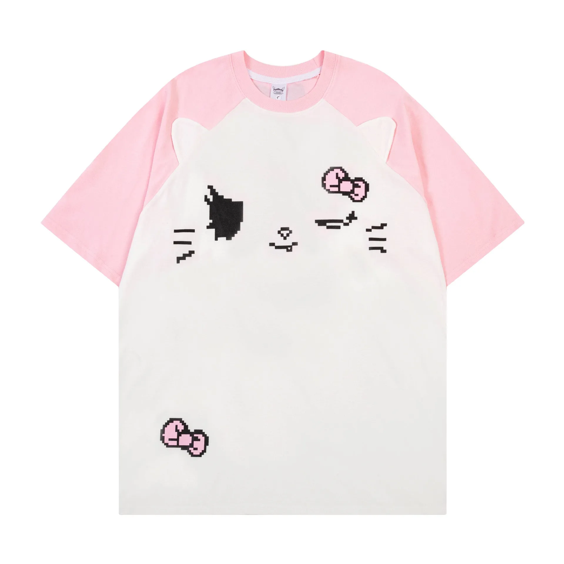 Summer Sweet Style Contrasting Cat print Loose T-shirt