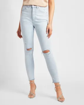 Super High Waisted Ripped Raw Hem Skinny Jeans in Medium Wash