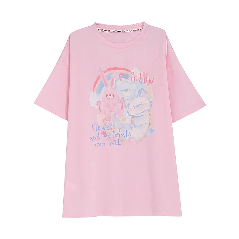 Sweet Soft Girl Style Hand-Painted Printed Loose T-shirt