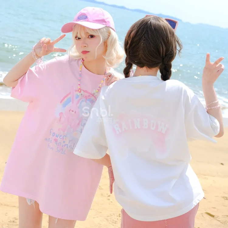 Sweet Soft Girl Style Hand-Painted Printed Loose T-shirt