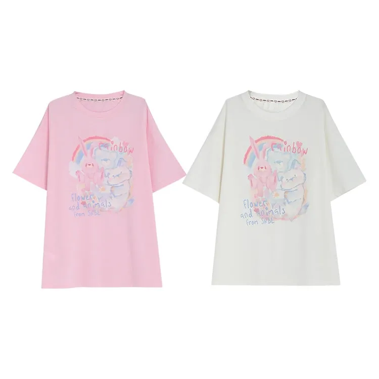 Sweet Soft Girl Style Hand-Painted Printed Loose T-shirt